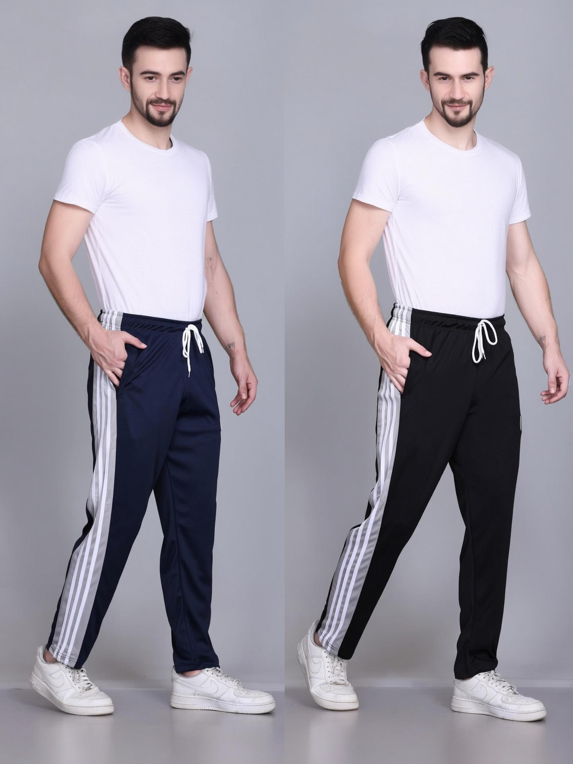 Image of HVBK Pack of 2 Men Solid Black, Blue Track Pants