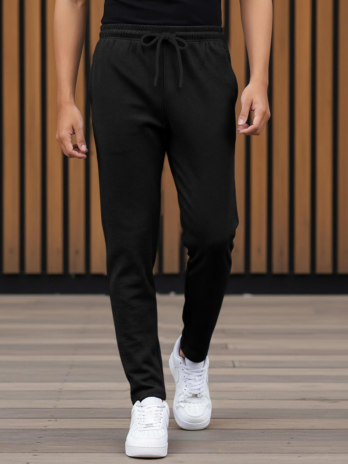 Image of FEEL TRACK Men Solid Black Track Pants