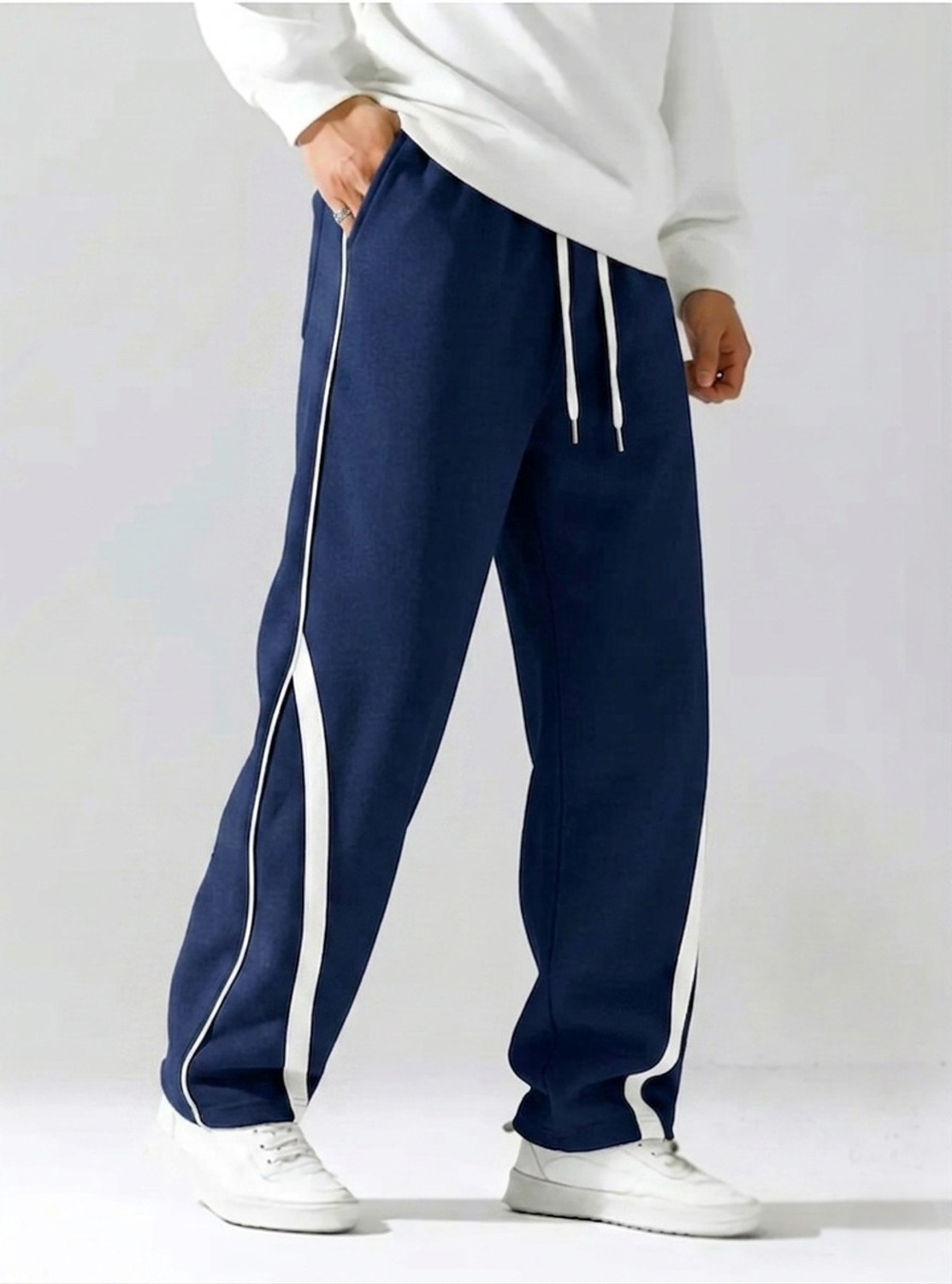 VEXUA Men Striped White Track Pants - Image 1