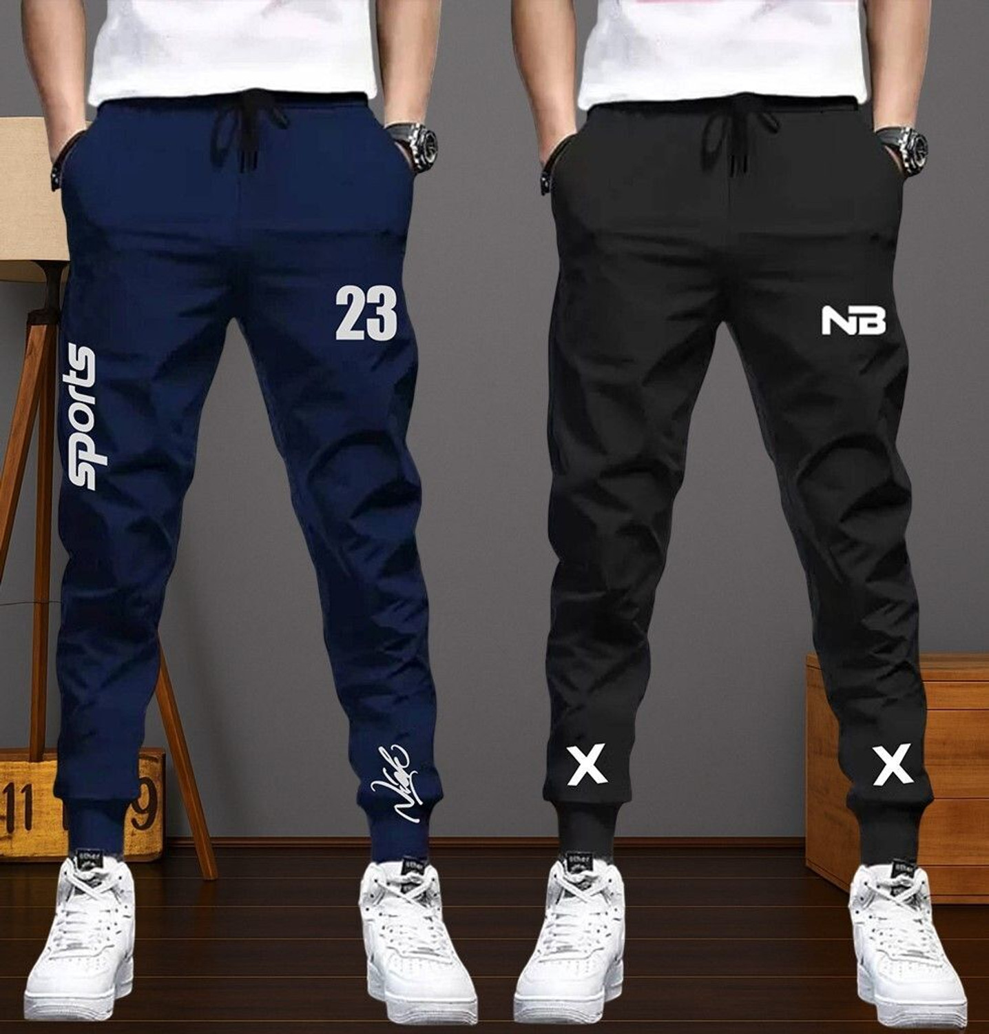 Image of Fruzis Fashion Pack of 2 Men Striped Dark Green, White Track Pants