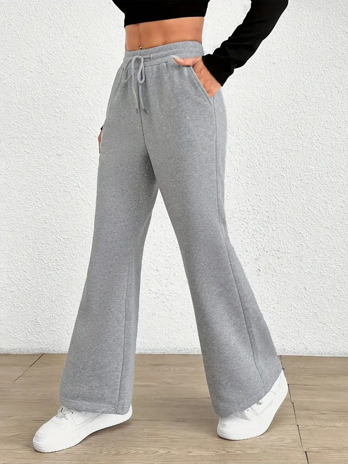 Image of L Fashion Fashion Women Flared Grey Polyester Trousers