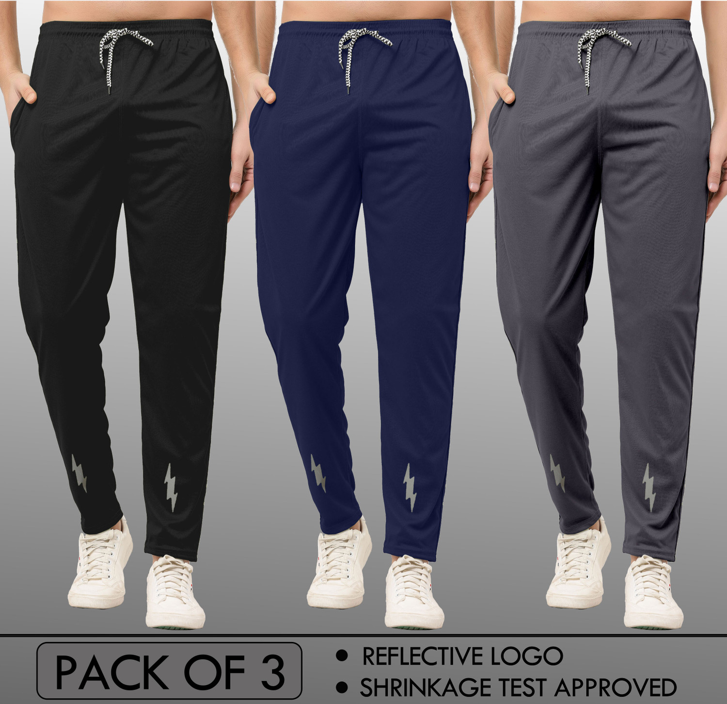 Image of FOXTER Pack of 3 Men Printed Black, Blue, Grey Track Pants