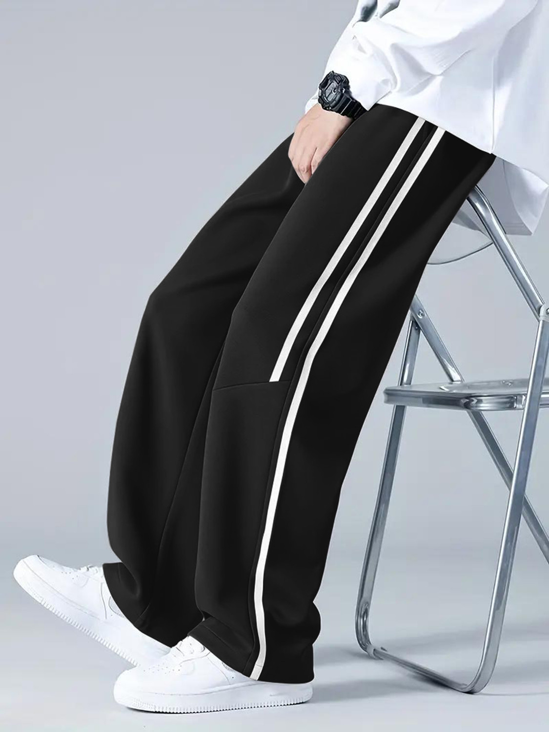 FOXTER Men Striped Black Track Pants - Image 1