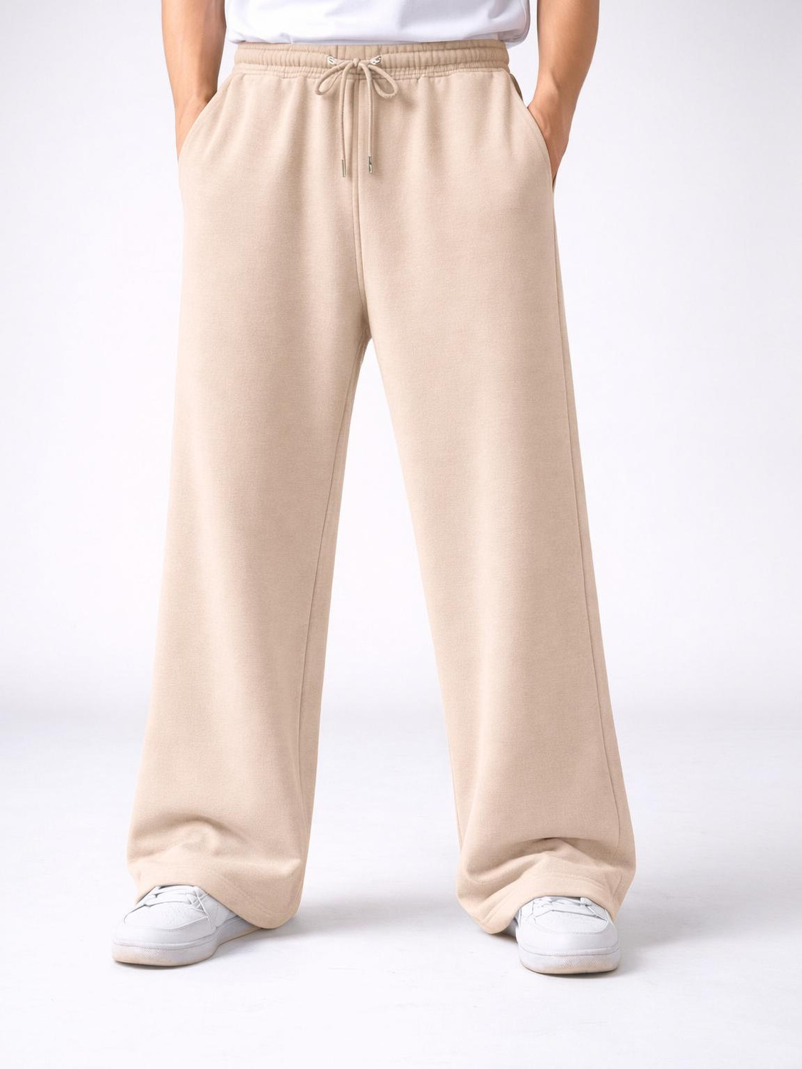 HUSTLEWELL Men Loose Fit Beige Cotton Blend Trousers - Image 1