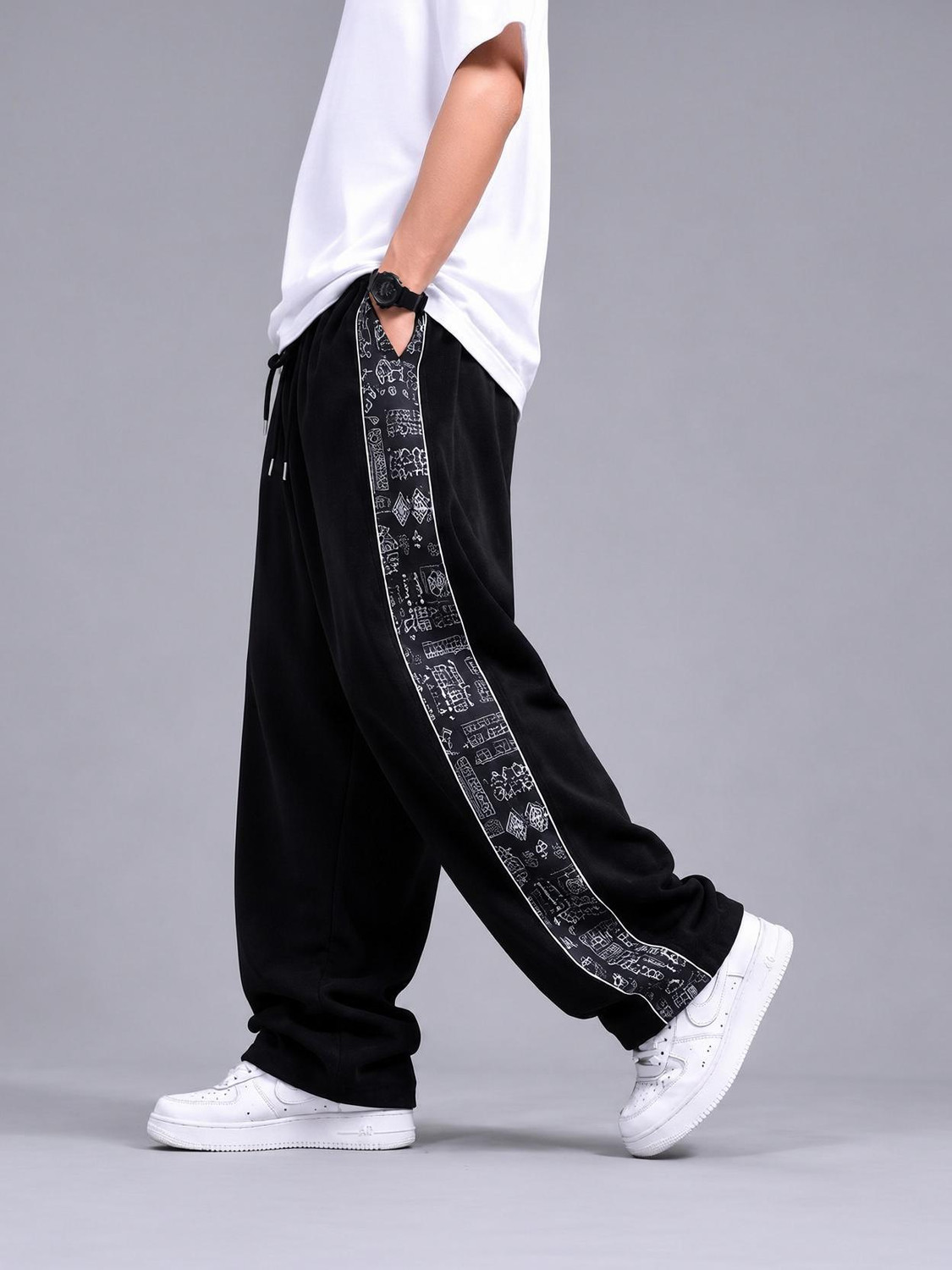 MODESHIFT Printed Men Black Track Pants - Image 1