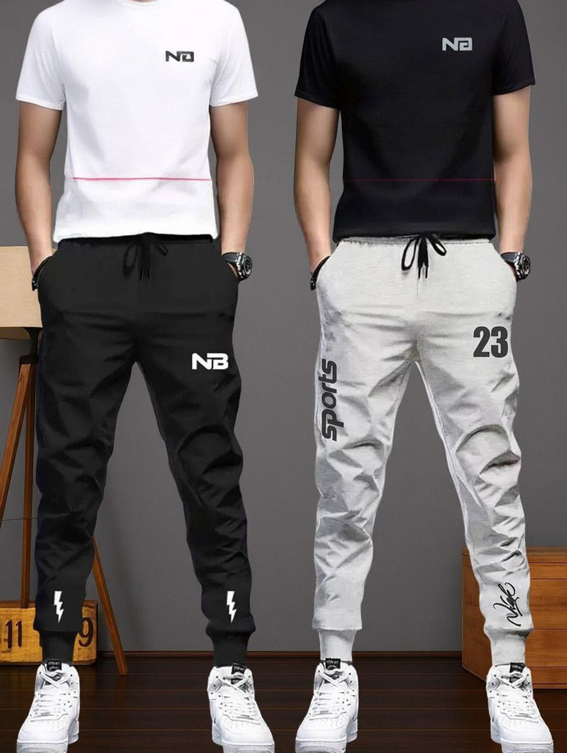 Image of Fruzis Fashion Pack of 2 Men Striped Dark Green, White Track Pants