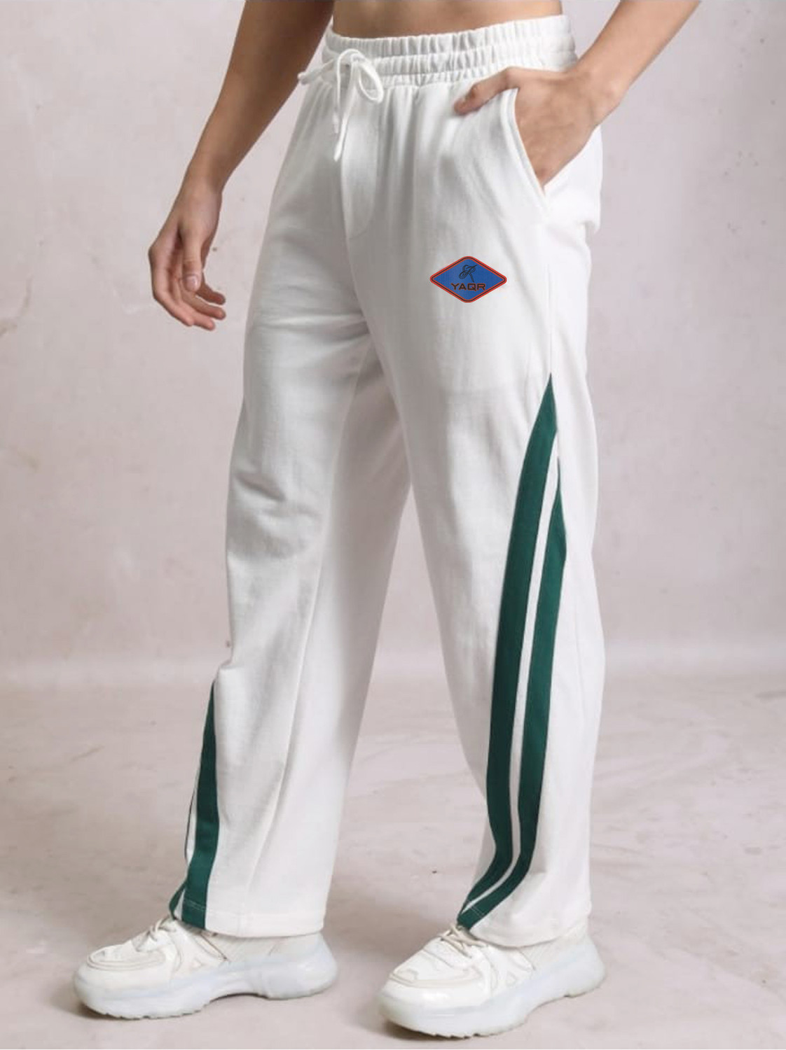 Image of Yaqr Men Striped White Track Pants