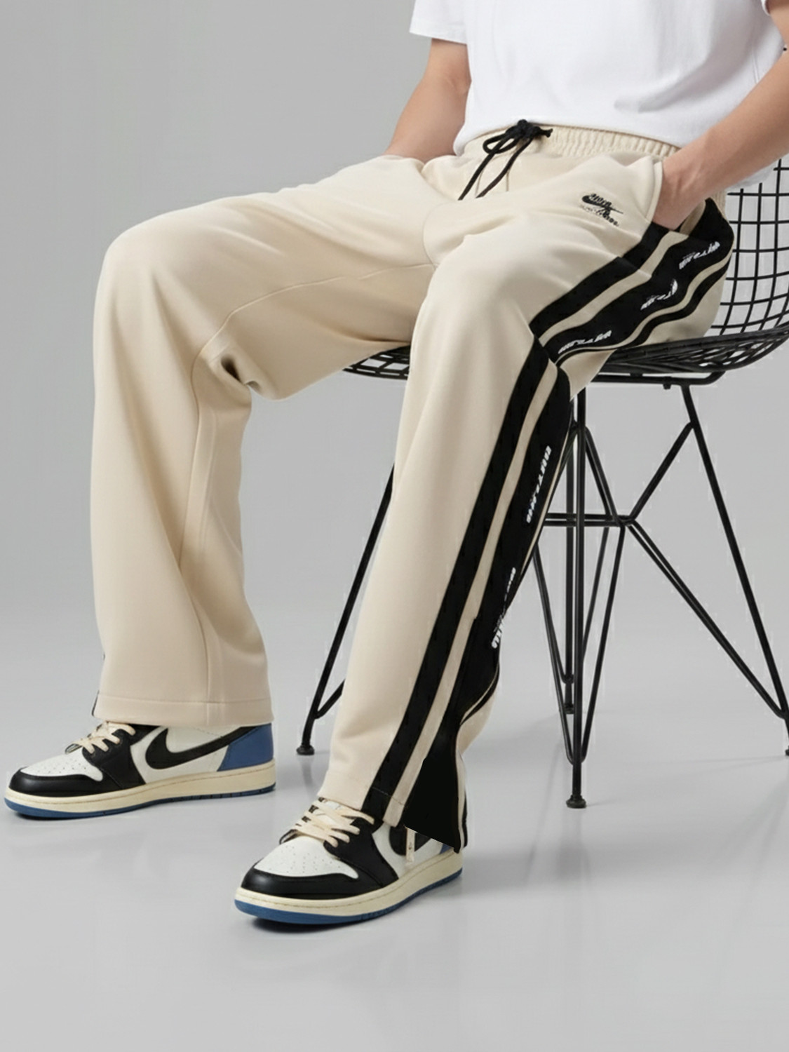Image of Jump Cuts Men Colorblock Dark Blue, White Track Pants
