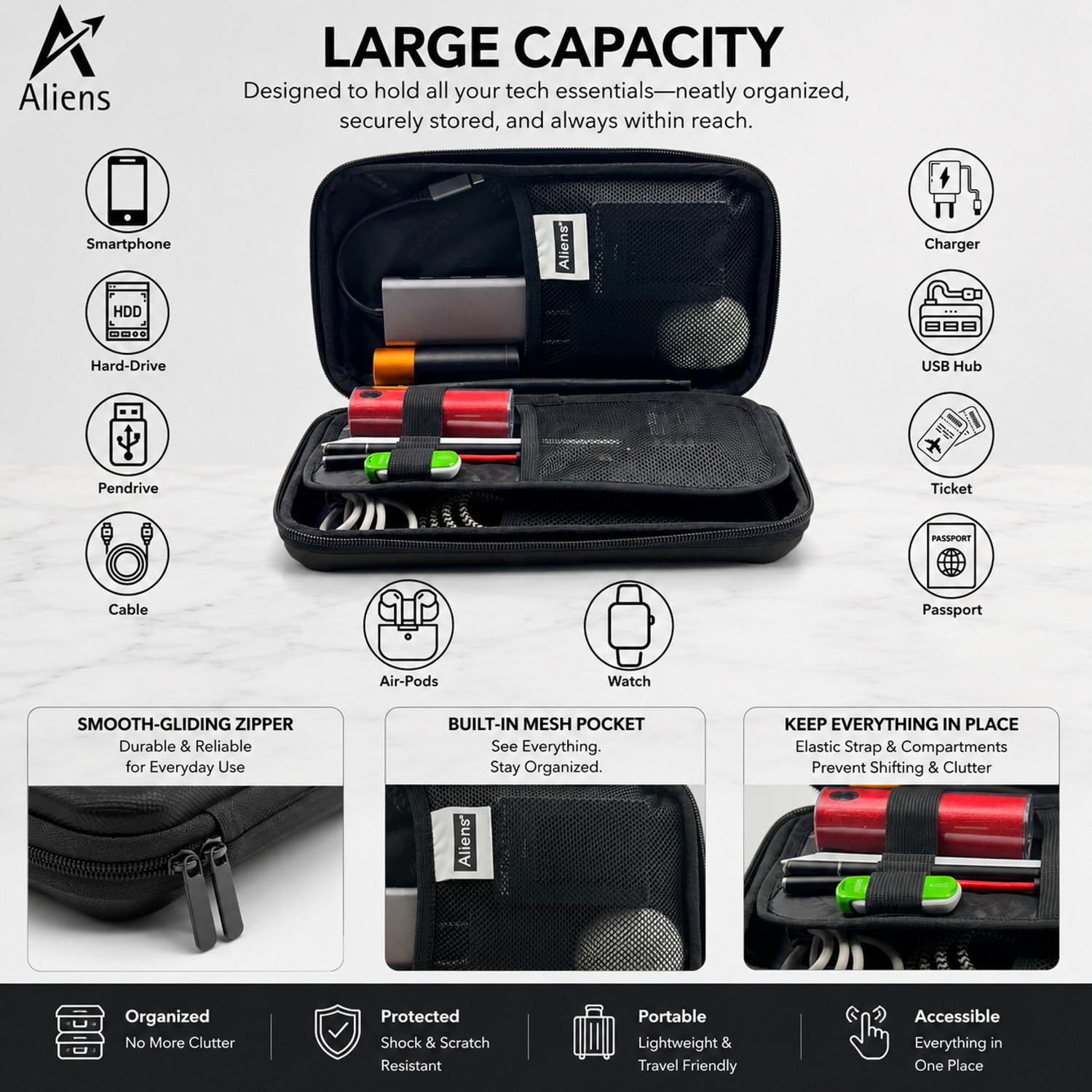 Image of Aliens Large Travel Gadget Organiser Case Bag, Hardshell ABS Material for HDD, Pendrive (Black)