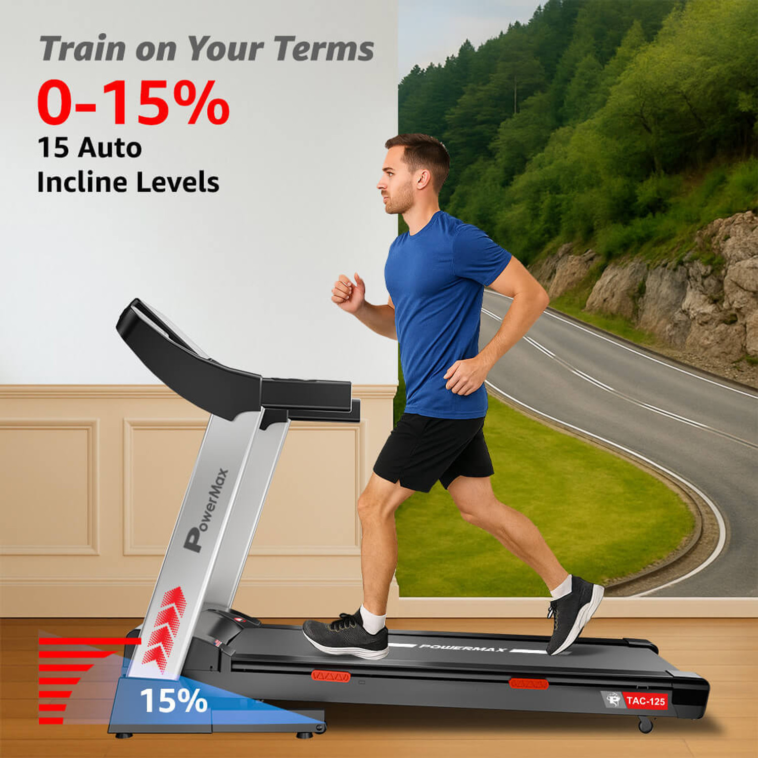 Image of Powermax Fitness TAC-125 5HP Motorised AUX Connection Heart Rate Sensor, Home Use Treadmill