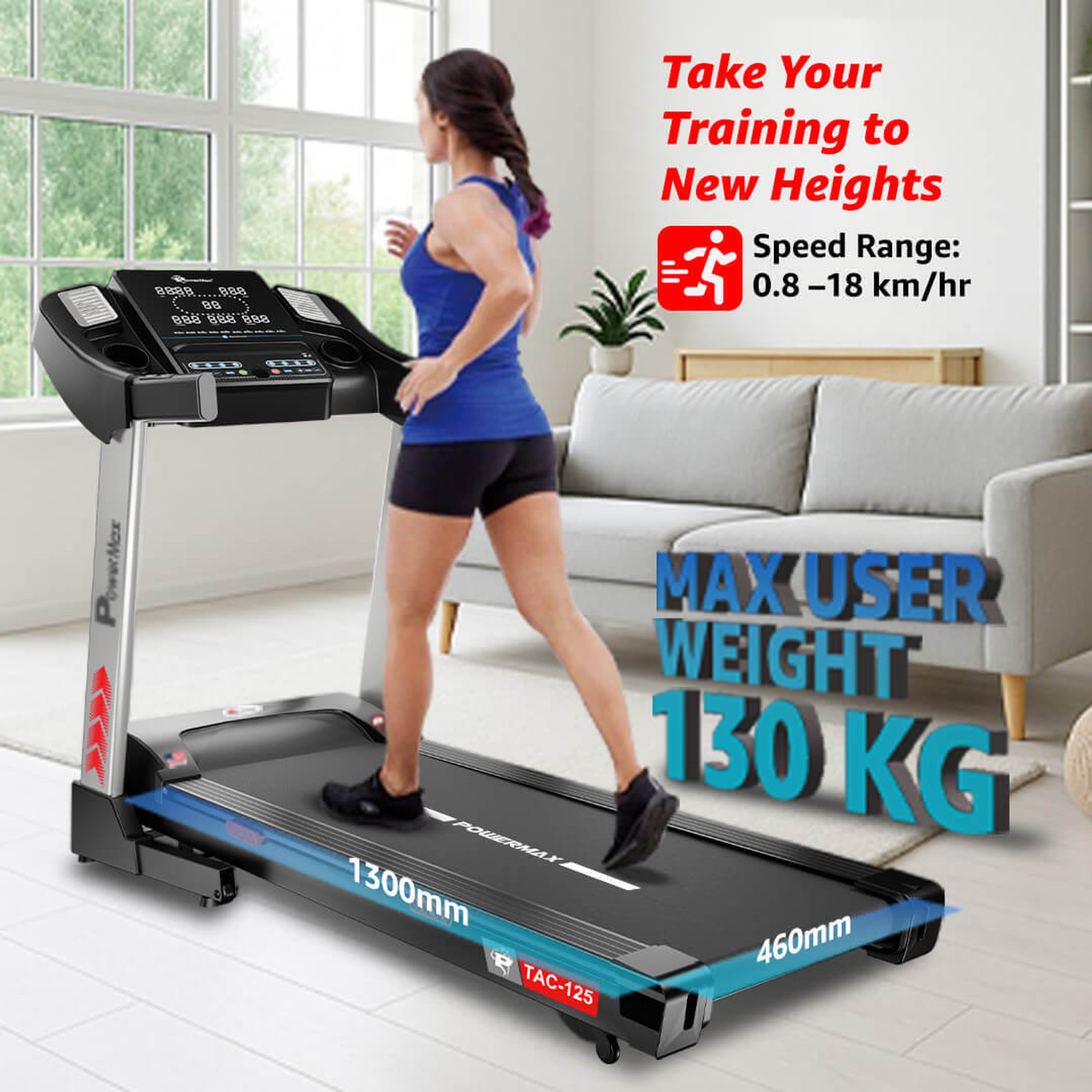 Image of Powermax Fitness TAC-125 5HP Motorised AUX Connection Heart Rate Sensor, Home Use Treadmill