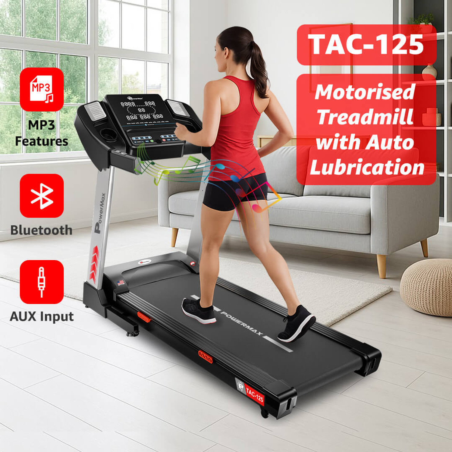 Image of Powermax Fitness TAC-125 5HP Motorised AUX Connection Heart Rate Sensor, Home Use Treadmill