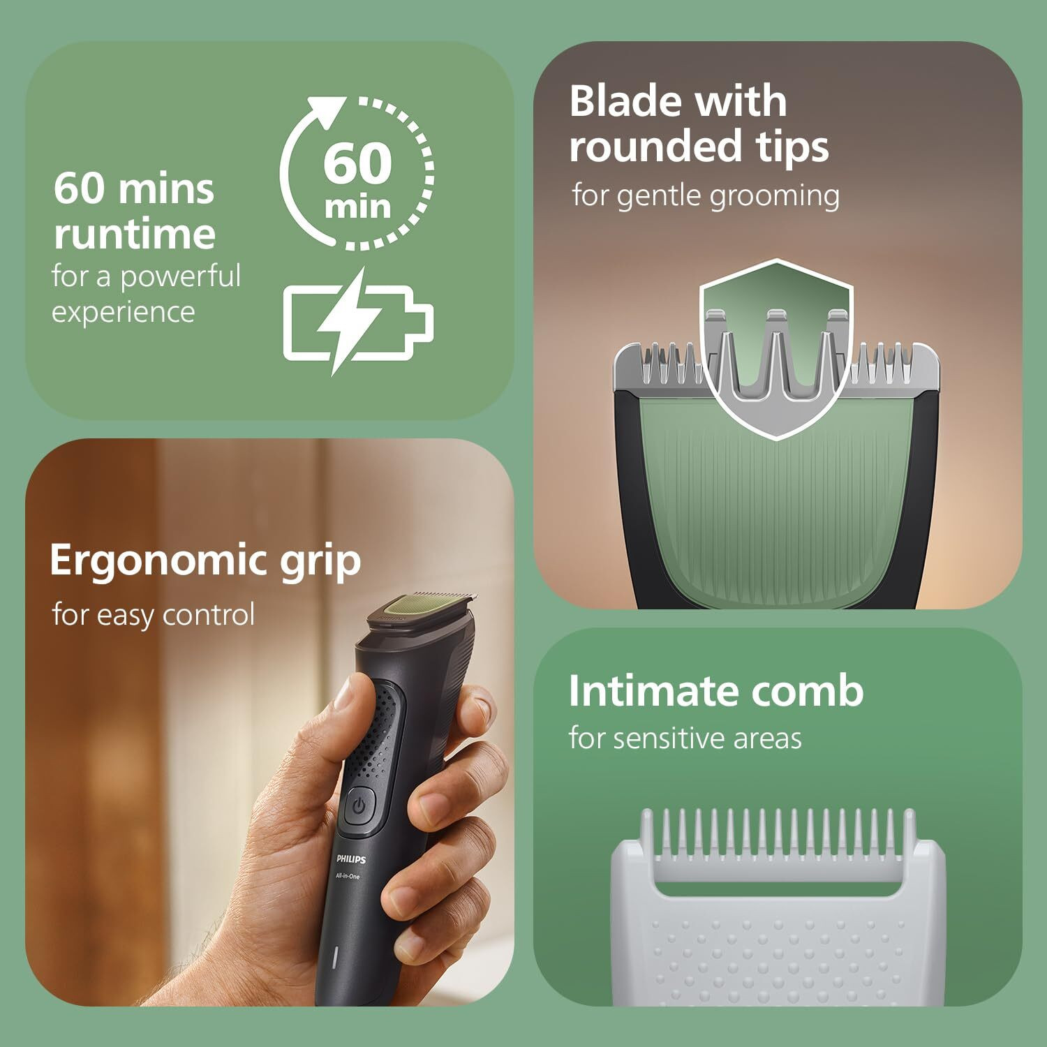 Image of PHILIPS india's No.1 Men's Trimmer 9-in-1 tool - Face, Hair & Body Unique rounded tips Fully Waterproof Grooming Kit 60 min Runtime 10 Length Settings (Black)
