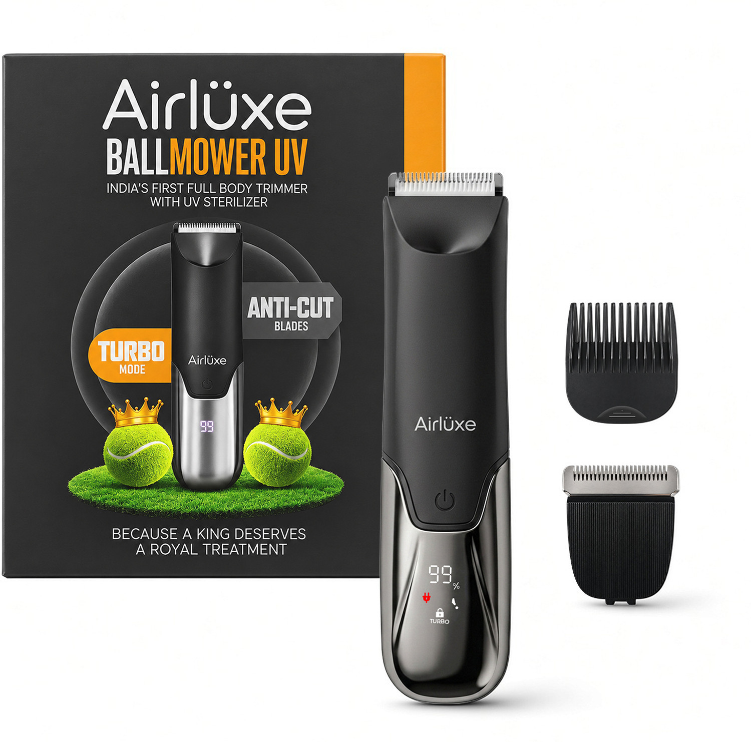 AIRLUXE BallMower Full Body Trimmer for Men Fully Waterproof Trimmer 120 min Runtime 3 Length Settings
