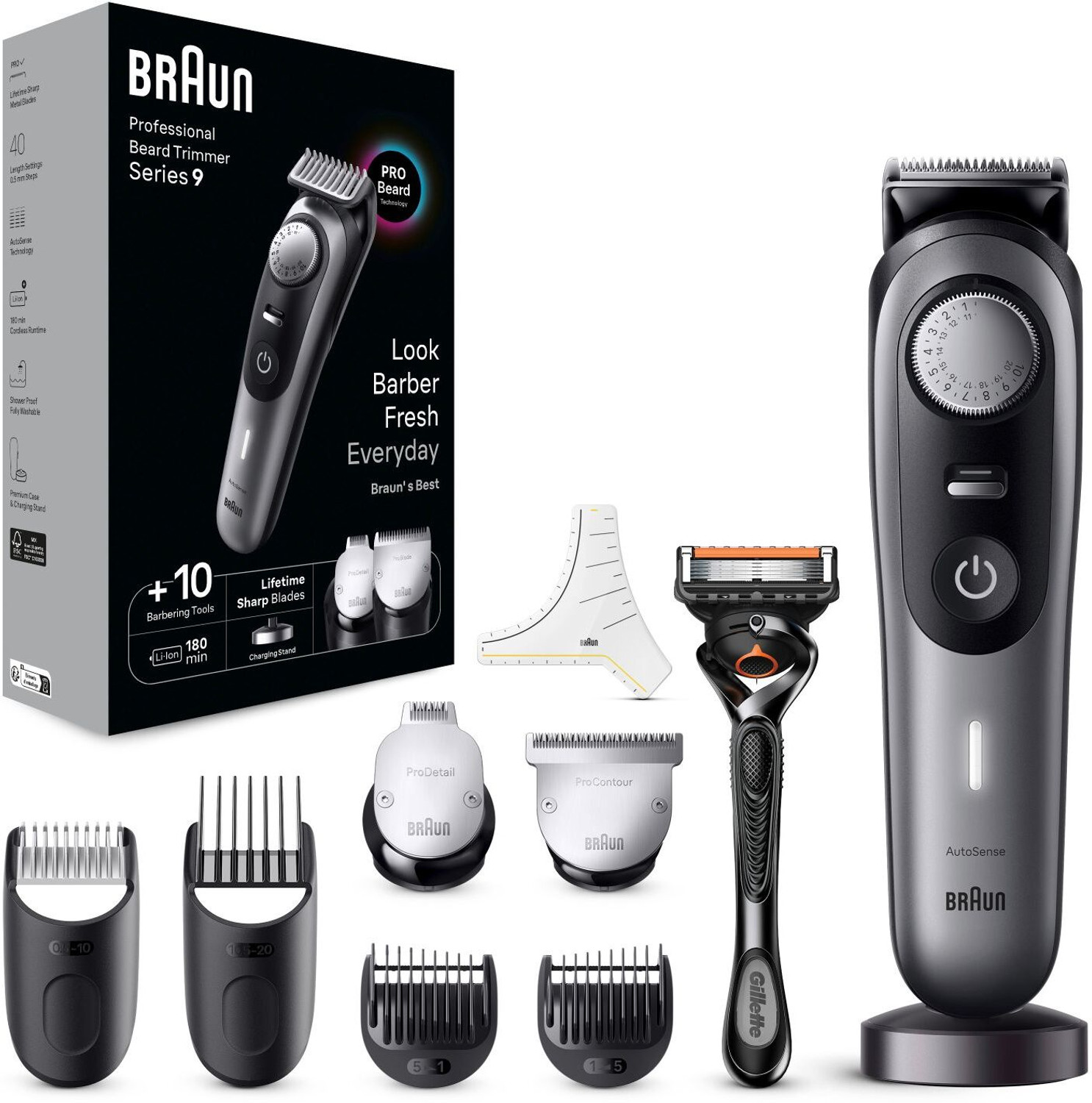 Braun All in One Trimmer for Men BT9420, Lifetime Sharp Metal Blades Fully Waterproof Grooming Kit 180 min Runtime 40 Length Settings