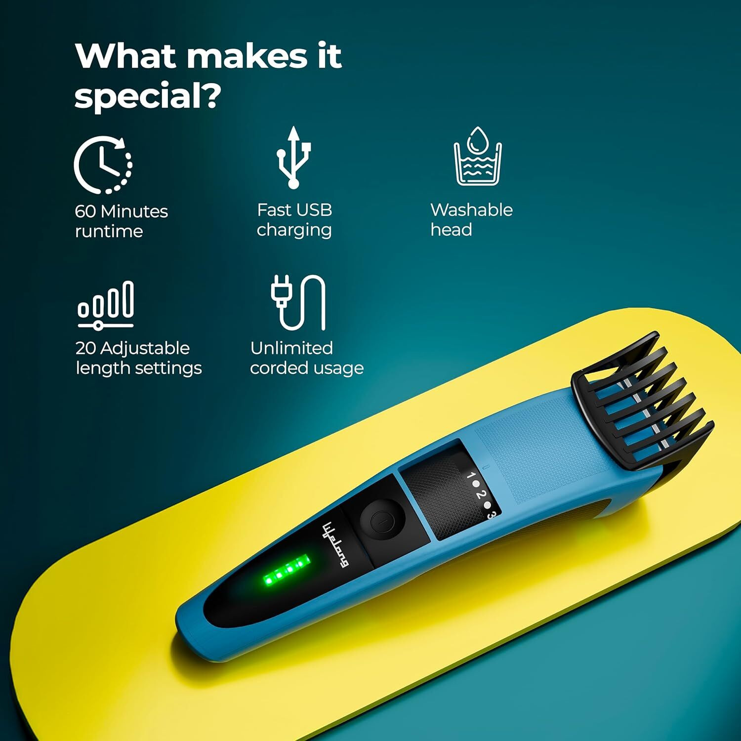 Image of RLN LLPCM107 Fully Waterproof Trimmer 60 min Runtime 20 Length Settings (Blue)