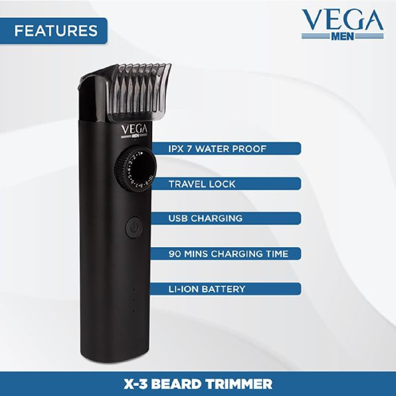 Image of VEGA X3 Waterproof Beard Trimmer For Men With Fast Charge 90 min Runtime VHTH-24 Fully Waterproof Trimmer 90 min Runtime 10 Length Settings (Black)
