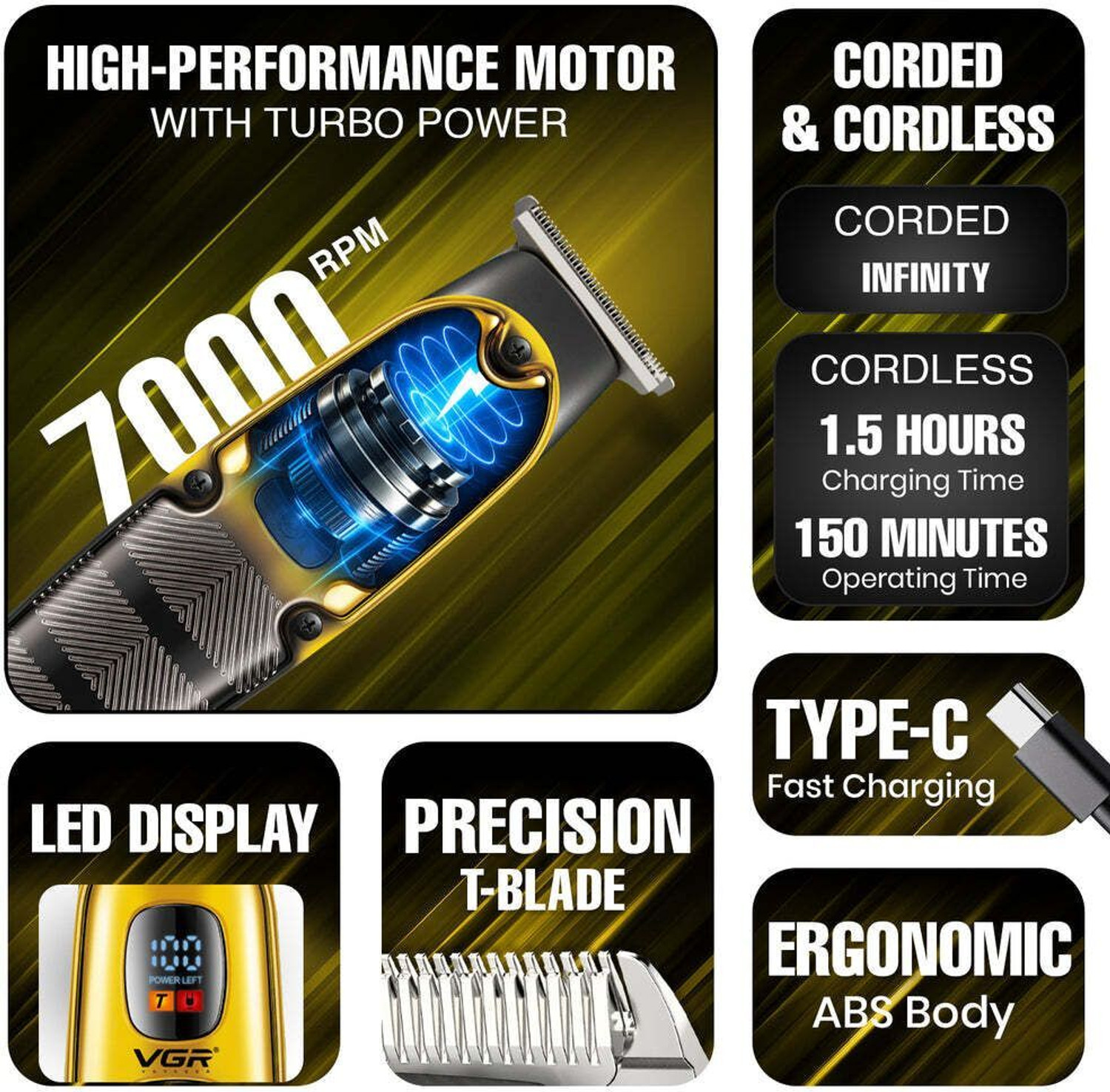 Image of VGR V-981. Fully Waterproof Trimmer 150 min Runtime 4 Length Settings (Yellow)