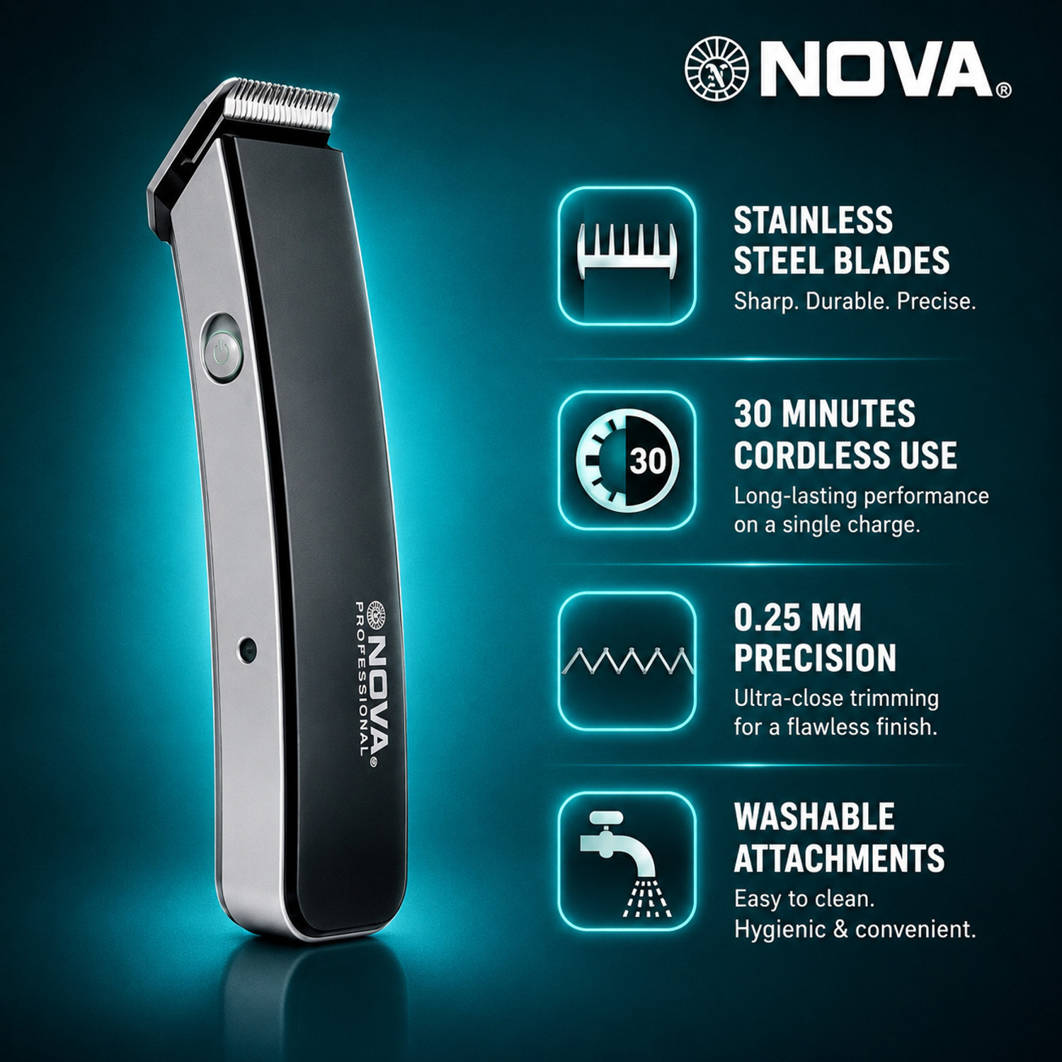 Image of NOVA NHT 1046 /010 Trimmer 30 min Runtime 3 Length Settings (Black)