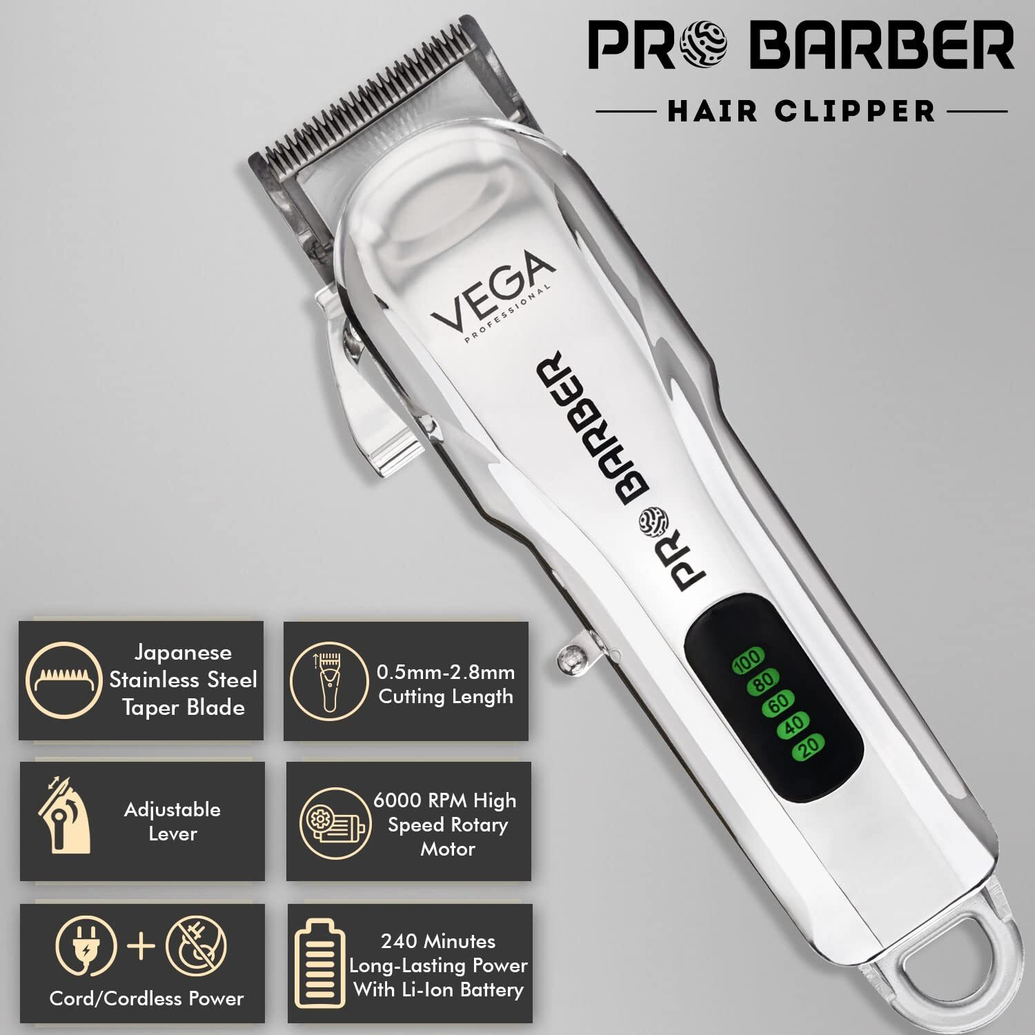 Image of VEGA VPVHC-09 Fully Waterproof Trimmer 180 min Runtime 2 Length Settings (Silver)