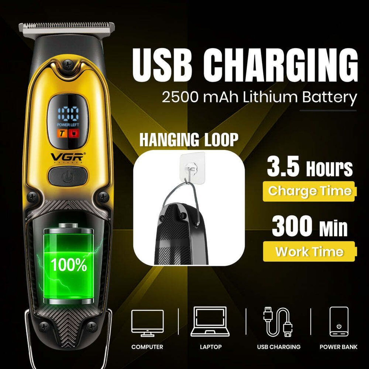 Image of VGR V-981. Fully Waterproof Trimmer 150 min Runtime 4 Length Settings (Yellow)