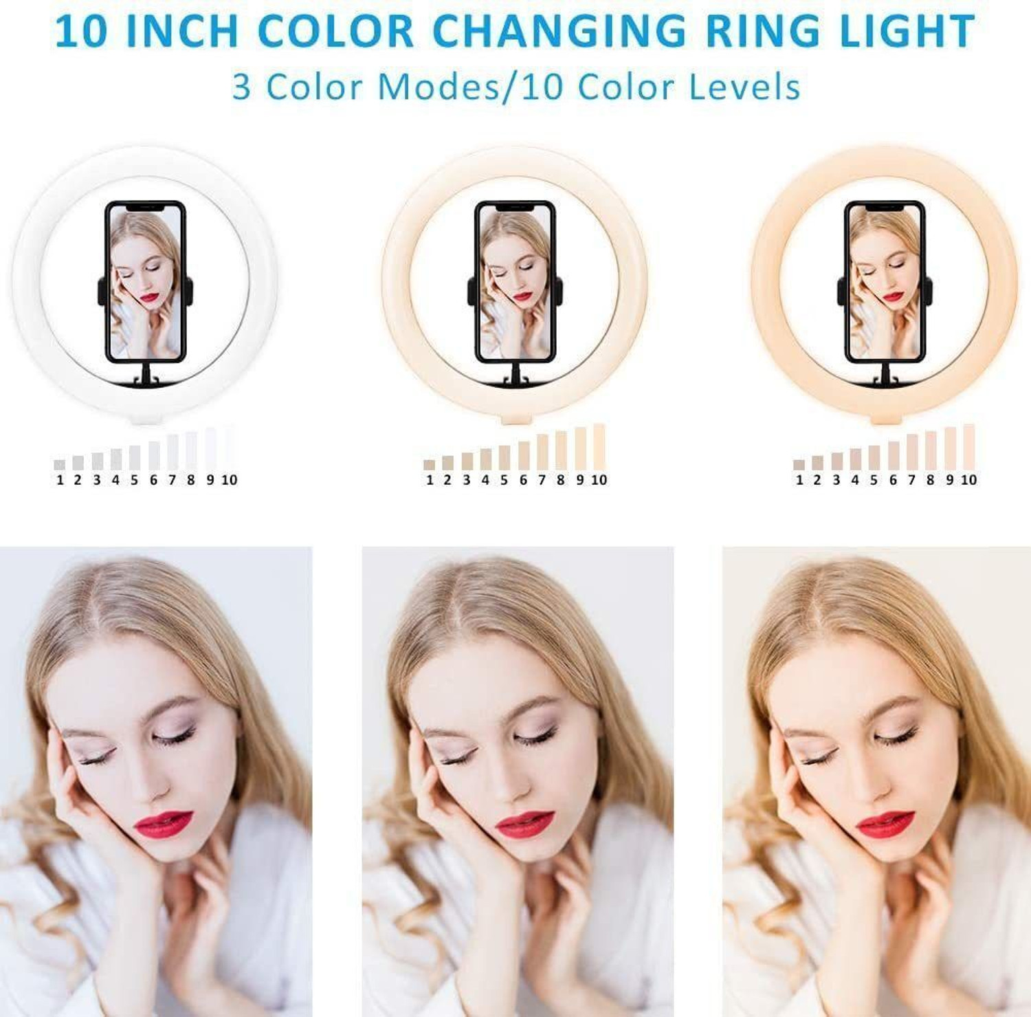 Image of JAMMY ZONES Professional 10''LED Ring Light 7ft Tripod Stand video,Reels 3 Color Modes J106 Ring Flash (White, Black)