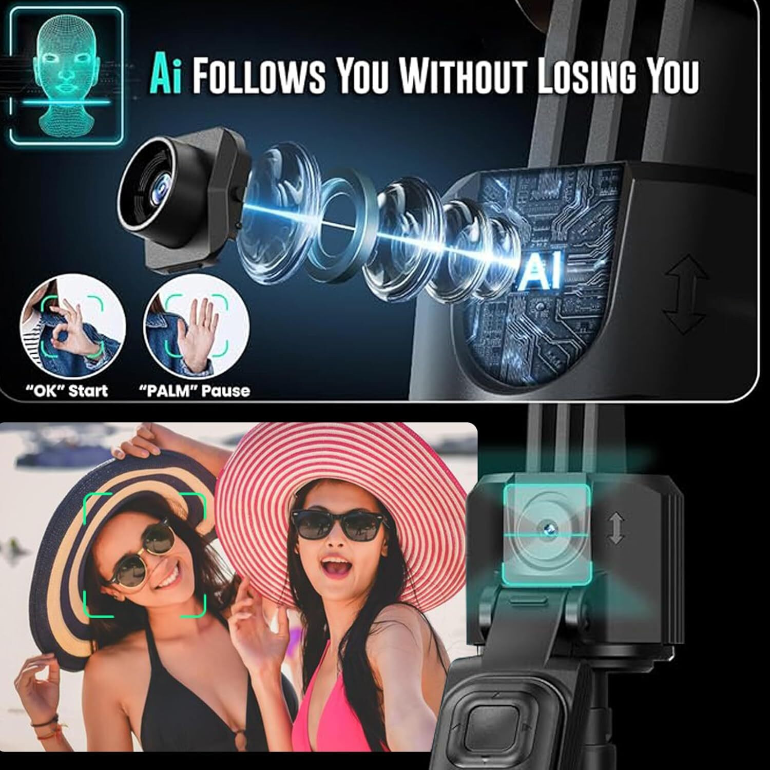 Image of SKYCELL AI Face Tracking Selfie Stick Tripod 70-Inch | Auto Tracking Tripod Smart Sensor Tripod Kit, Tripod (Black, Supports Up to 2000 g)
