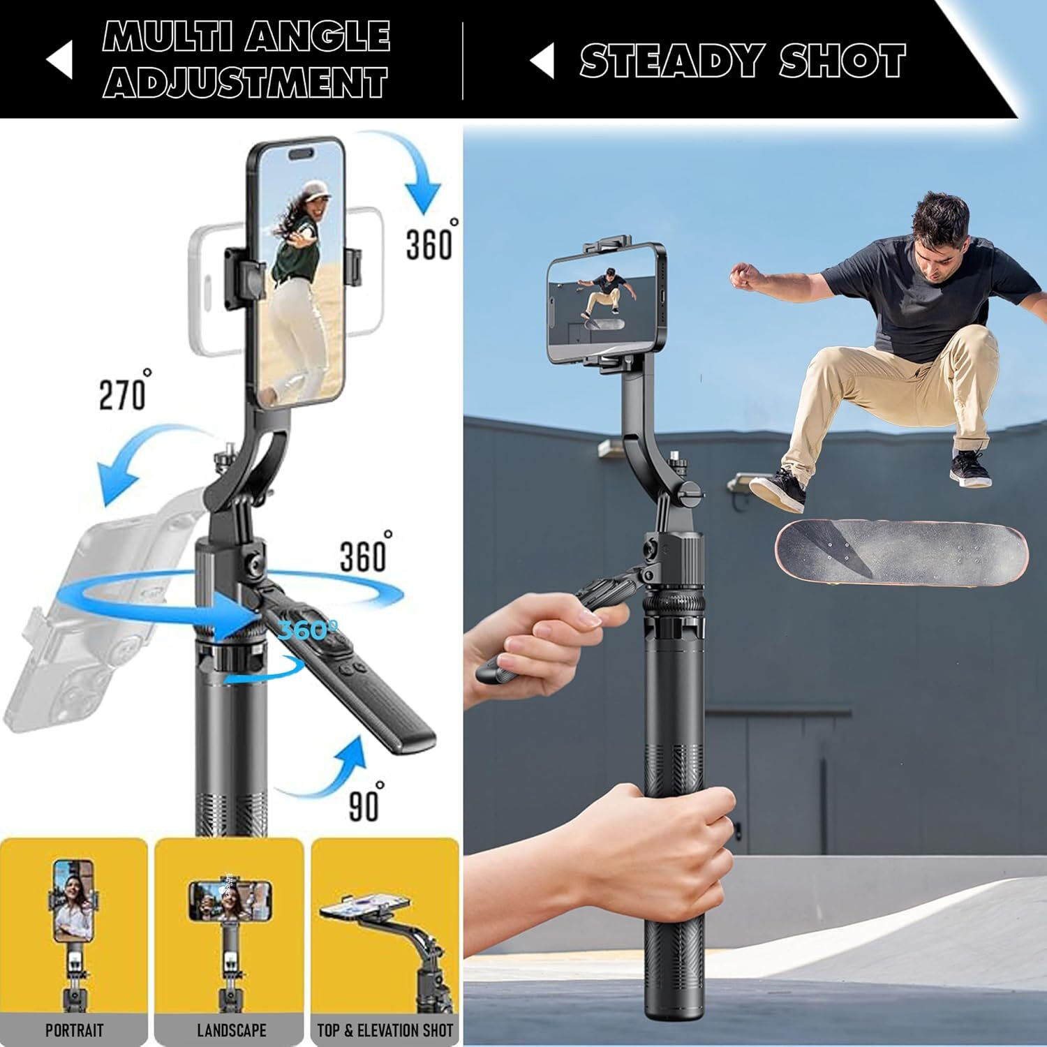 Image of SKYCELL AI Face Tracking Selfie Stick Tripod 70-Inch | Auto Tracking Tripod Smart Sensor Tripod Kit, Tripod (Black, Supports Up to 2000 g)