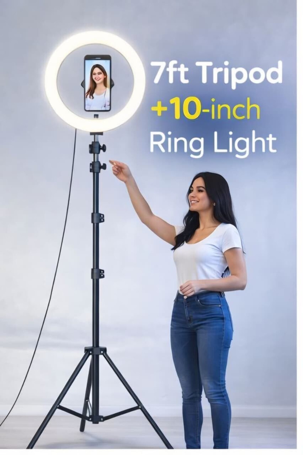 Image of shopbucket 14 Inch LED Ring Light 7 Ft Tripod Stand 3 Mode for Creator Setup Ring Flash (White)