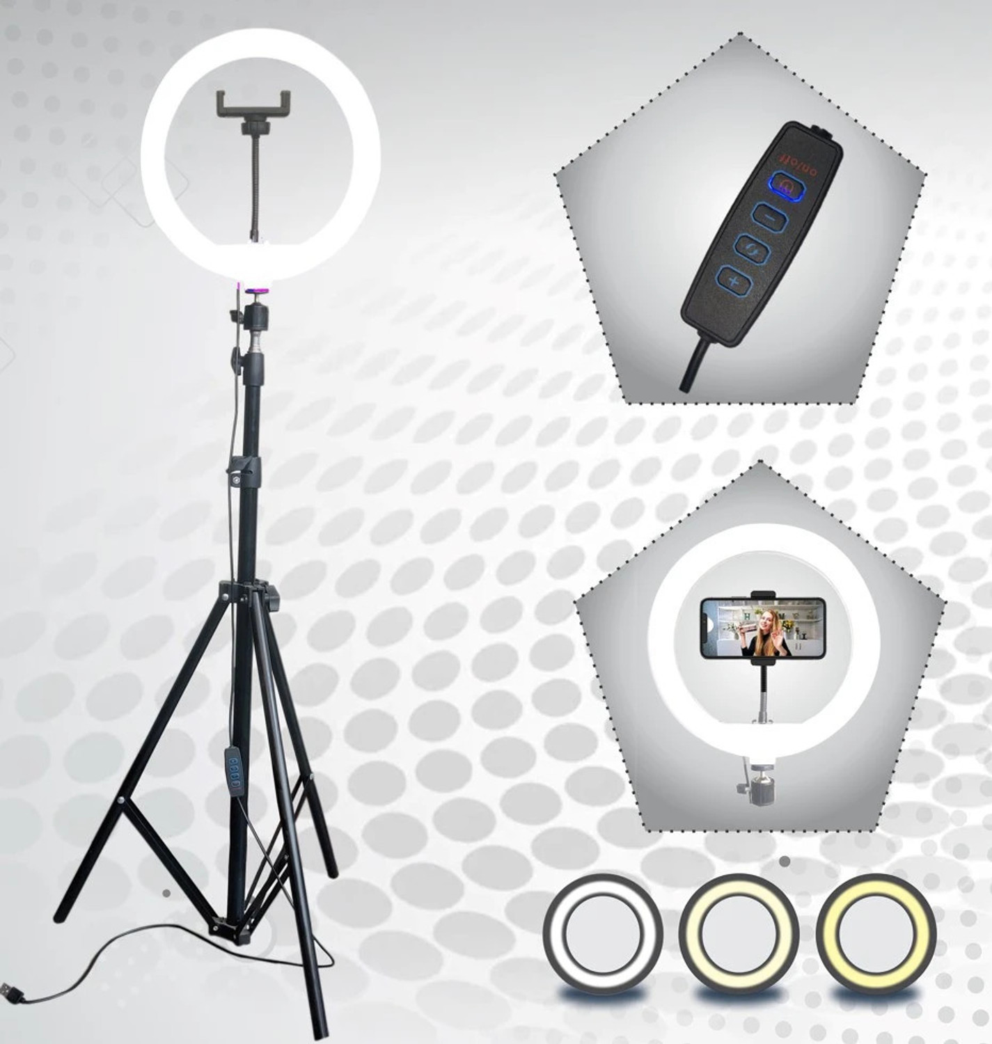 Image of JAMMY ZONES Professional 10''LED Ring Light 7ft Tripod Stand video,Reels 3 Color Modes J106 Ring Flash (White, Black)