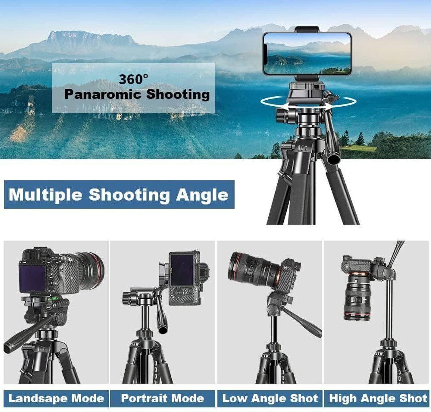 Image of Qortrix Tripod Stand for Mobile Phone and DSLR Camera for Best Video Recording Tripod (Black, Supports Up to 5000 g)