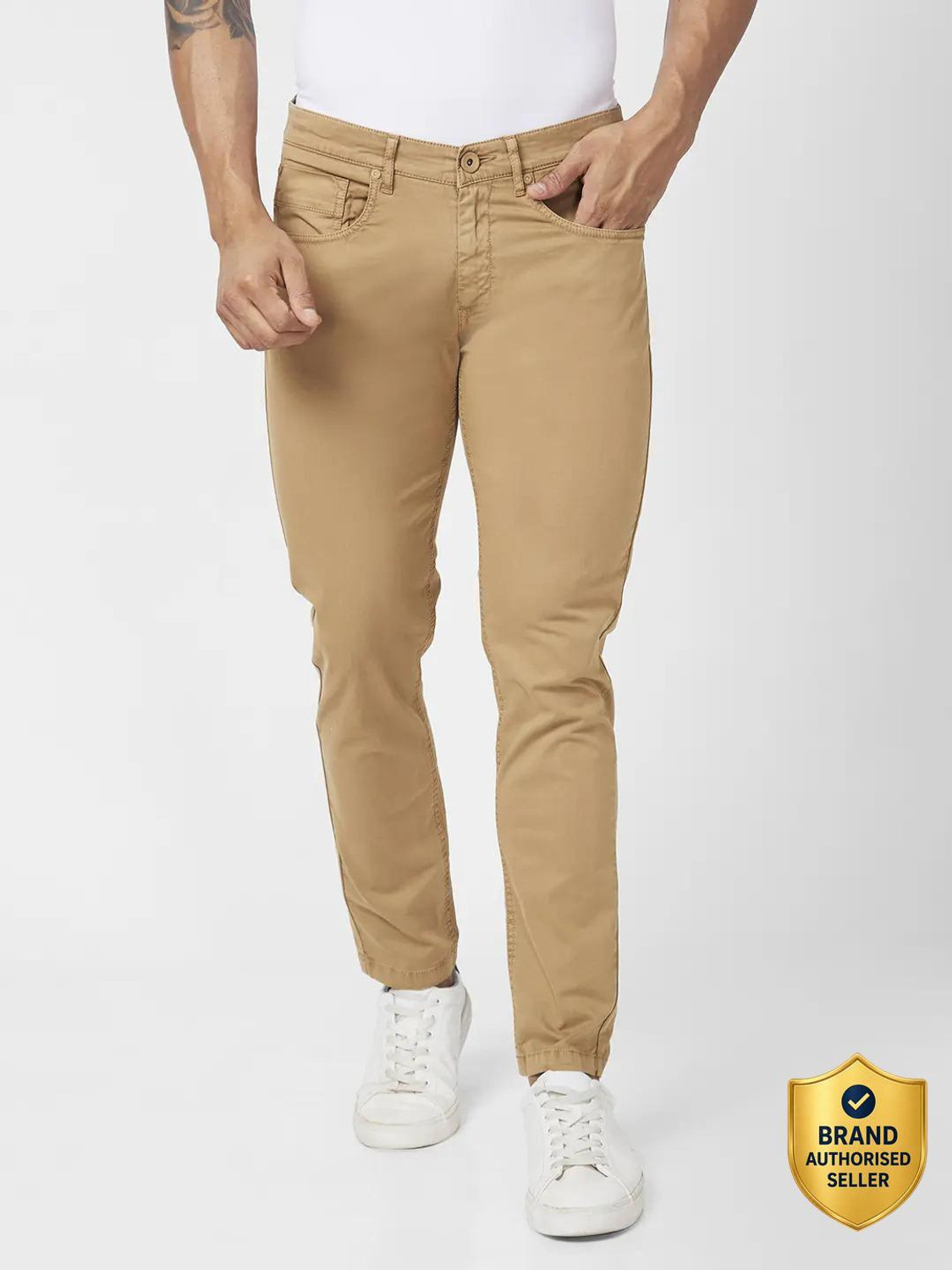 Image of Spykar Men Khaki Lycra Blend Trousers