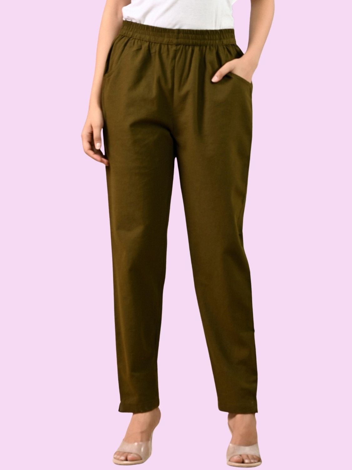 Image of clugenix Women Slim Fit Dark Green Cotton Blend Trousers