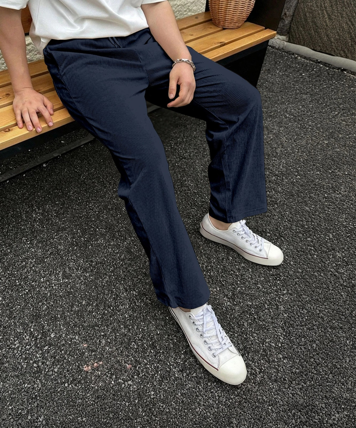 Image of COMBRAIDED Men Loose Fit Blue Corduroy Trousers