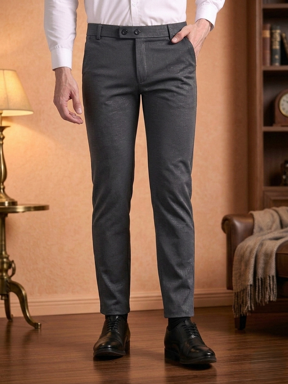 Image of lapataclub Men Relaxed Grey Lycra Blend Trousers