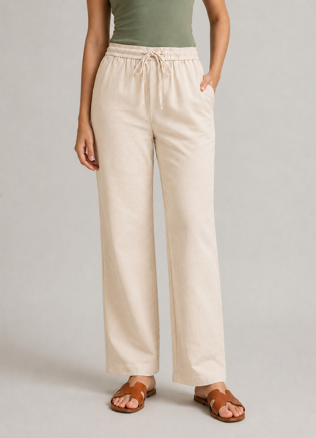 Image of RichWear Women Relaxed, Comfort Fit Cream Linen Blend Trousers