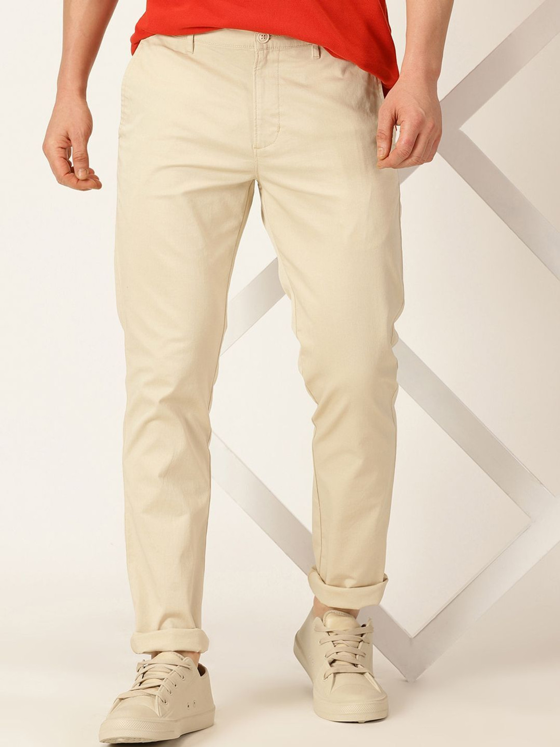 Image of Mast & Harbour Men Regular Fit White Cotton Blend Trousers