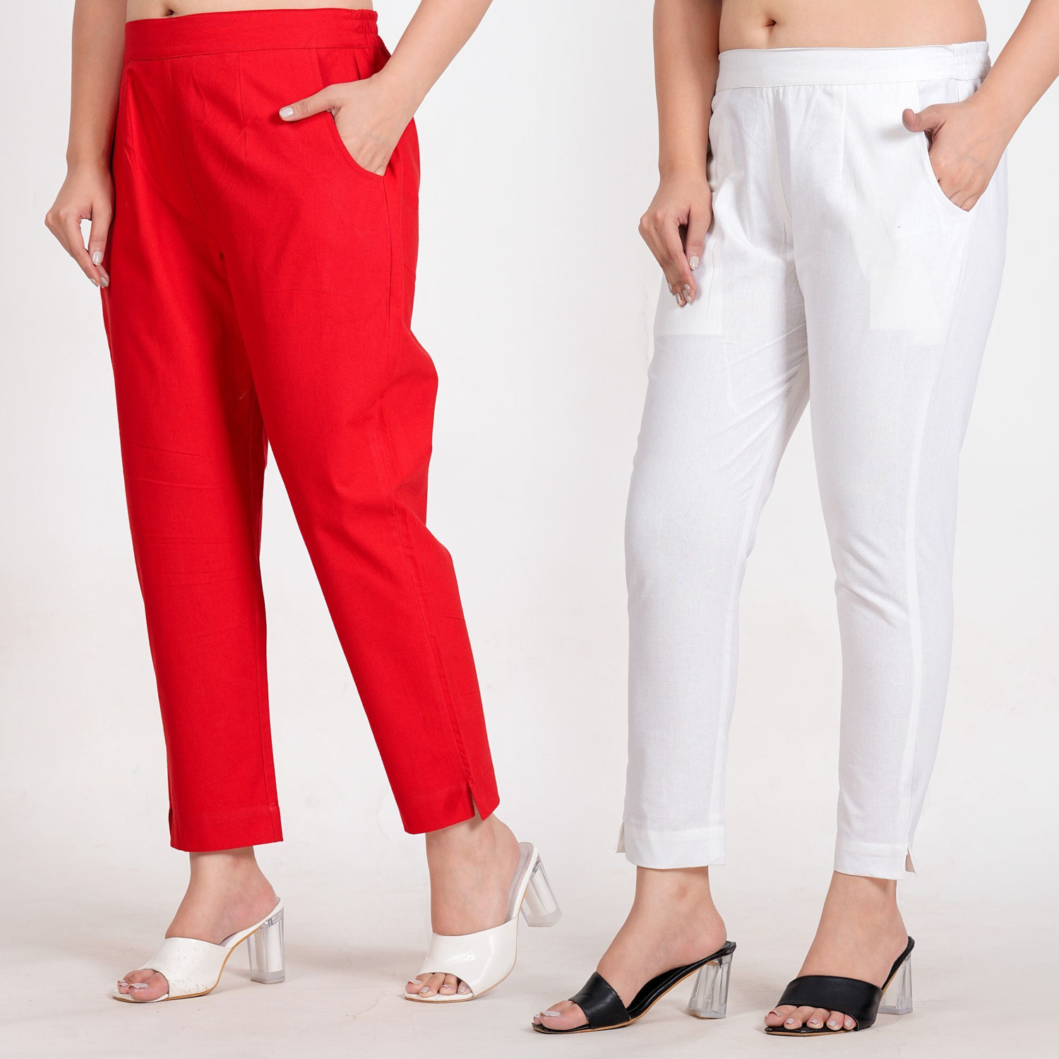 Image of Kanishk Women Regular Fit Maroon, White Cotton Blend Trousers