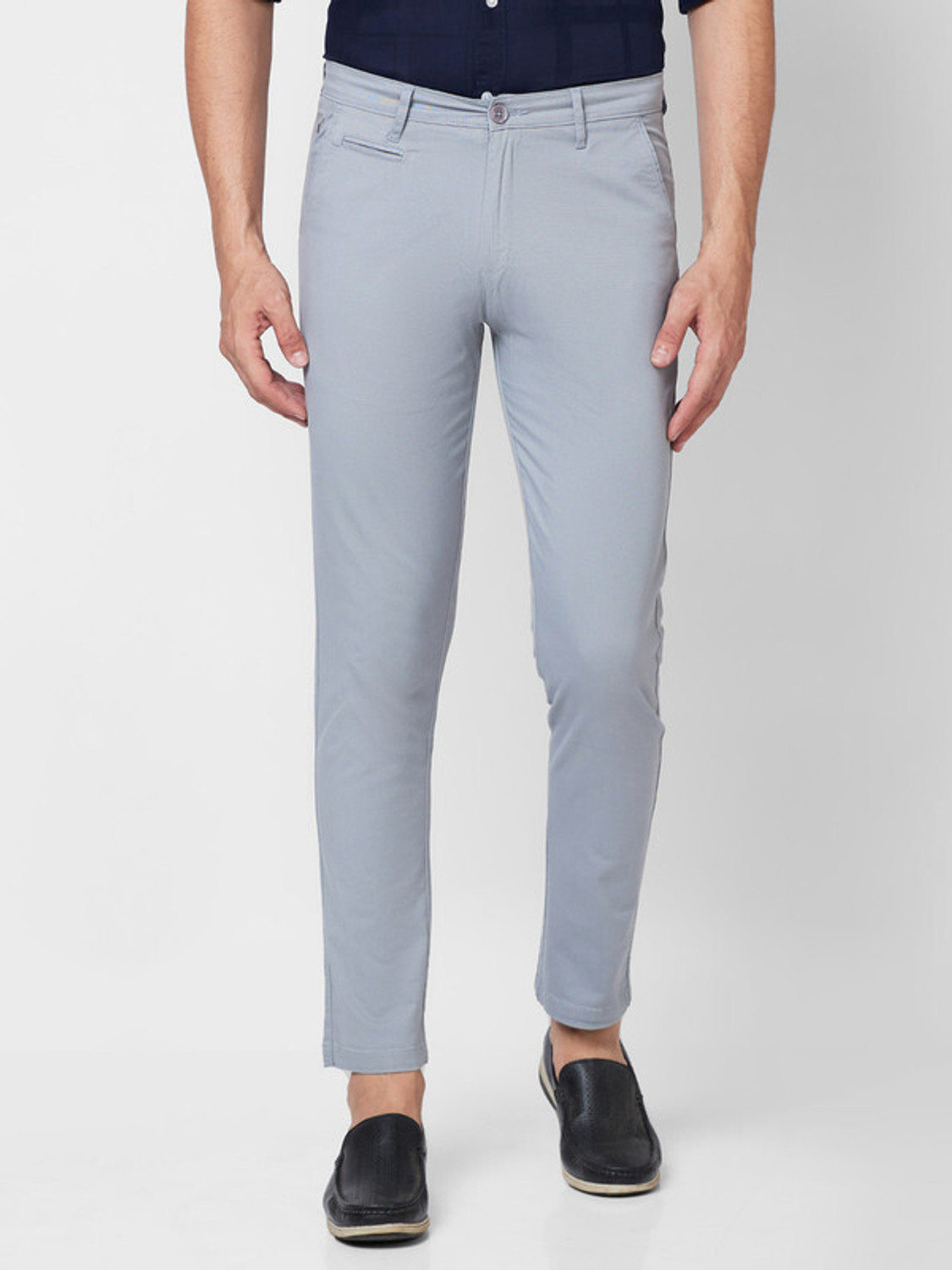 Image of GIORDANO Men Slim Fit Blue Cotton Blend Trousers