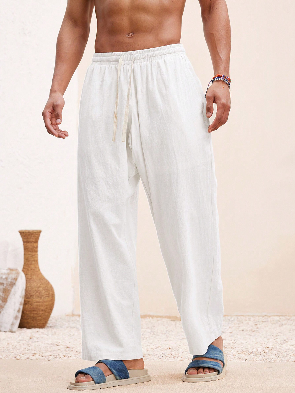 Plus91 Men White Pure Linen Trousers - Image 1