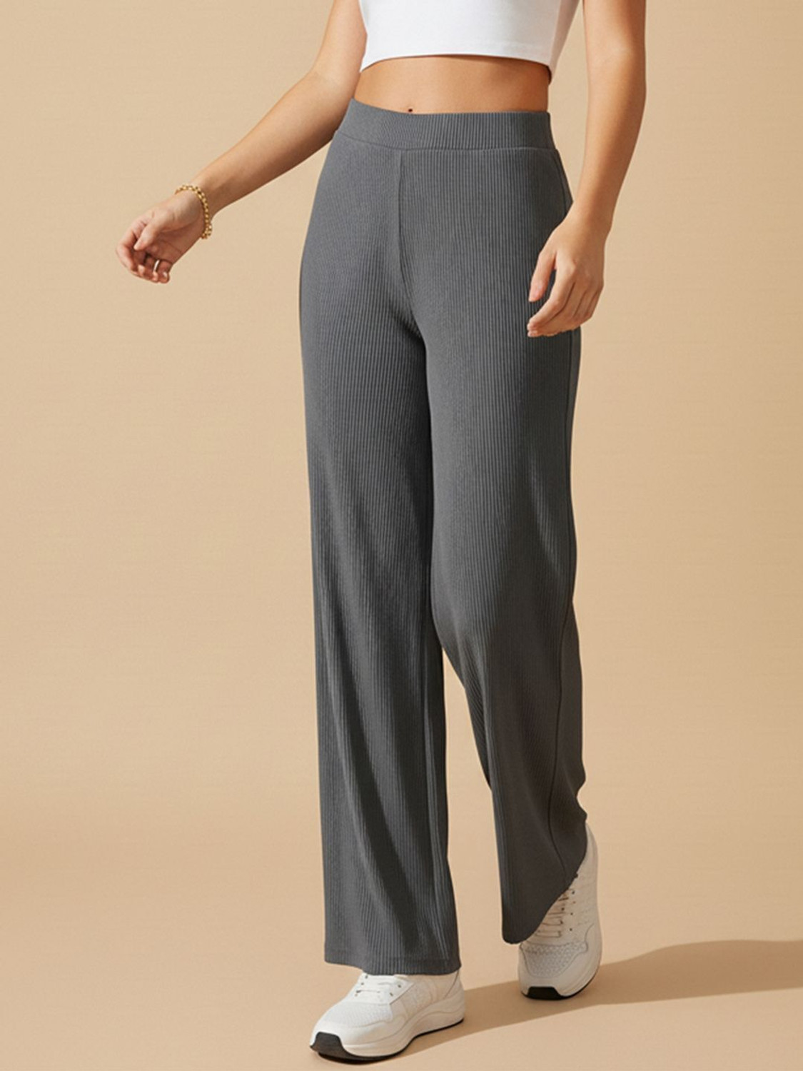 Image of L Fashion Fashion Women Flared Grey Polyester Trousers