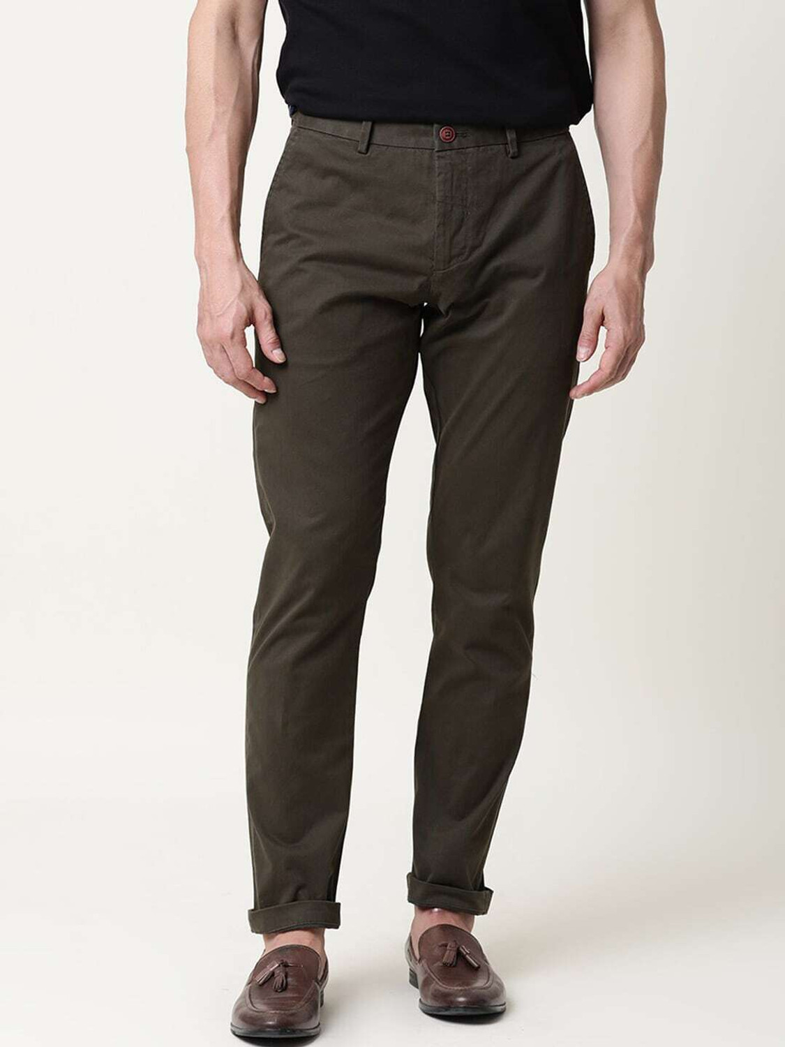 Image of RARE RABBIT Men Slim Fit Green Pure Cotton Trousers