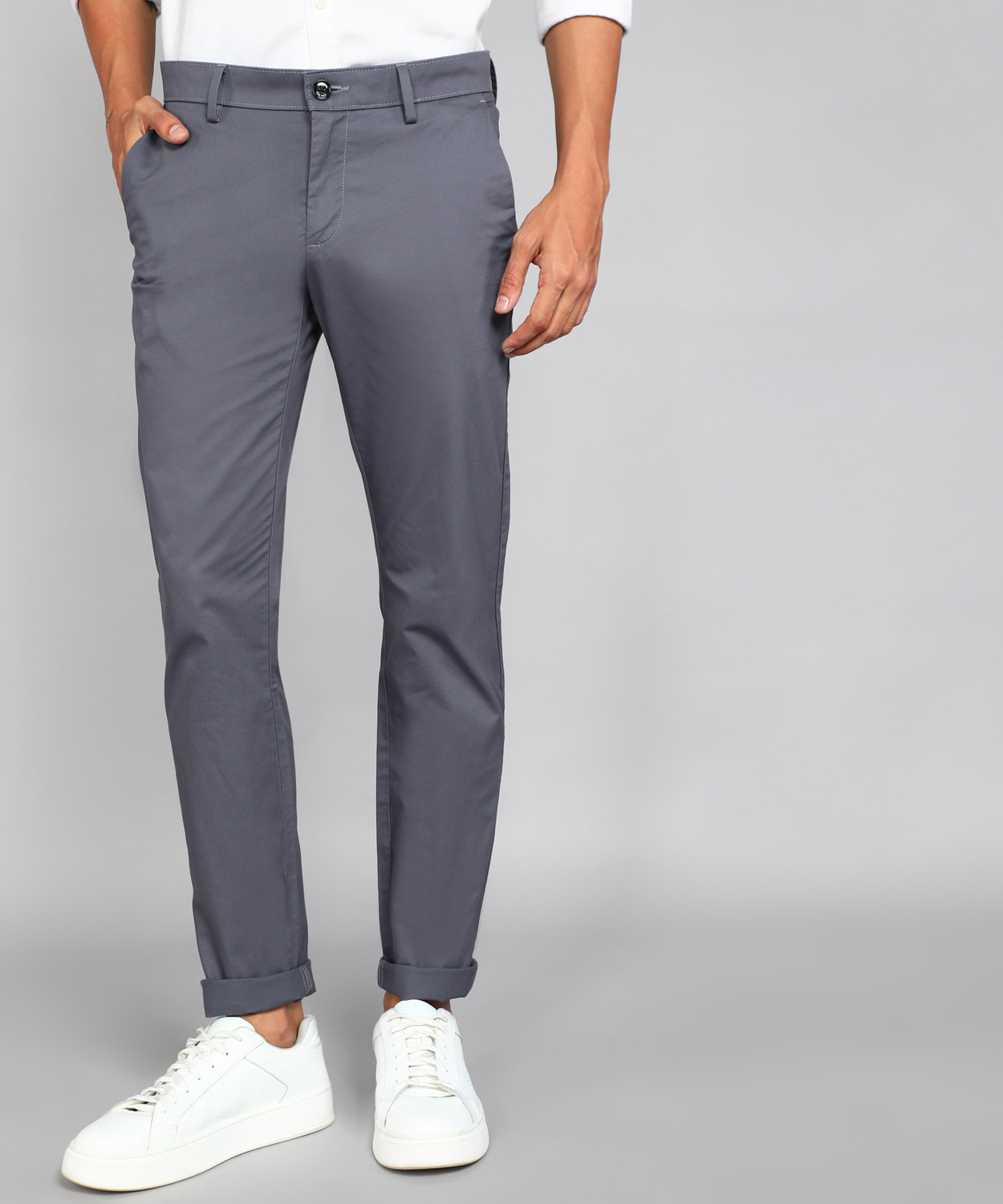 Image of Allen Solly Men Regular Fit Grey Cotton Blend Trousers