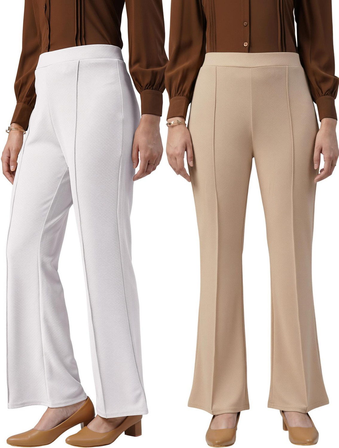 Image of Kanishk Women Regular Fit Maroon, White Cotton Blend Trousers