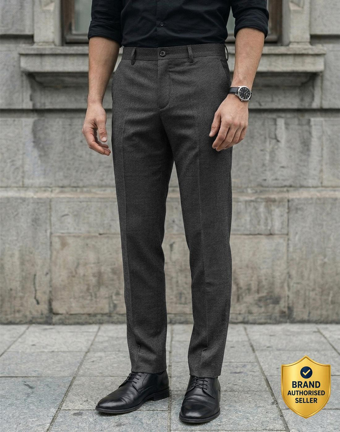 Image of VAN HEUSEN Men Regular Fit Black Polyester Trousers