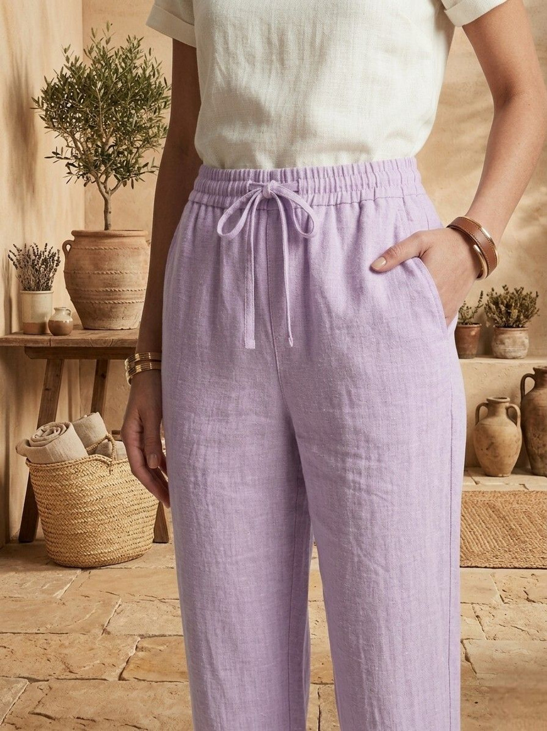 Image of RANGREELA Women Slim Fit Purple Cotton Blend Trousers