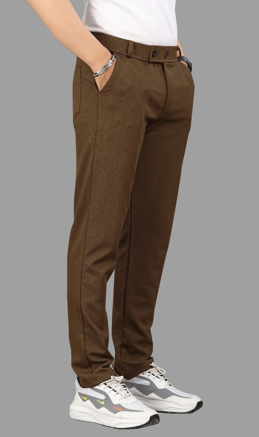 Image of COMBRAIDED Men Slim Fit Brown, White Lycra Blend Trousers