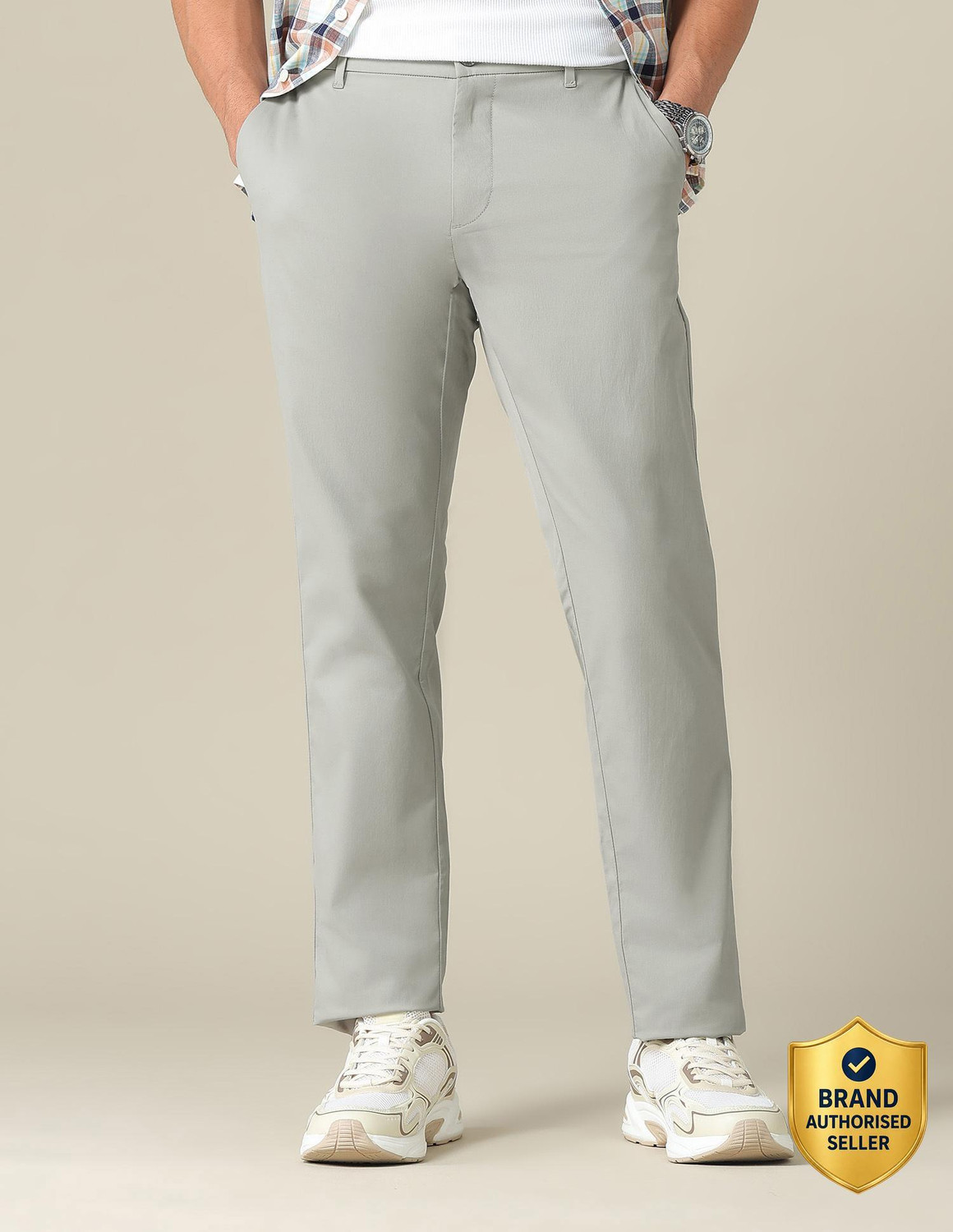 Image of U.S. POLO ASSN. Men Slim Fit Grey Cotton Blend Trousers