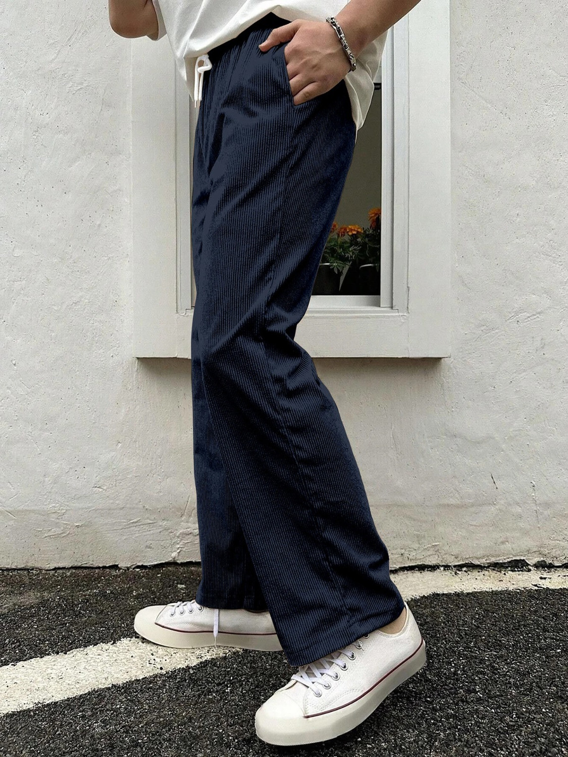 Image of COMBRAIDED Men Loose Fit Blue Corduroy Trousers