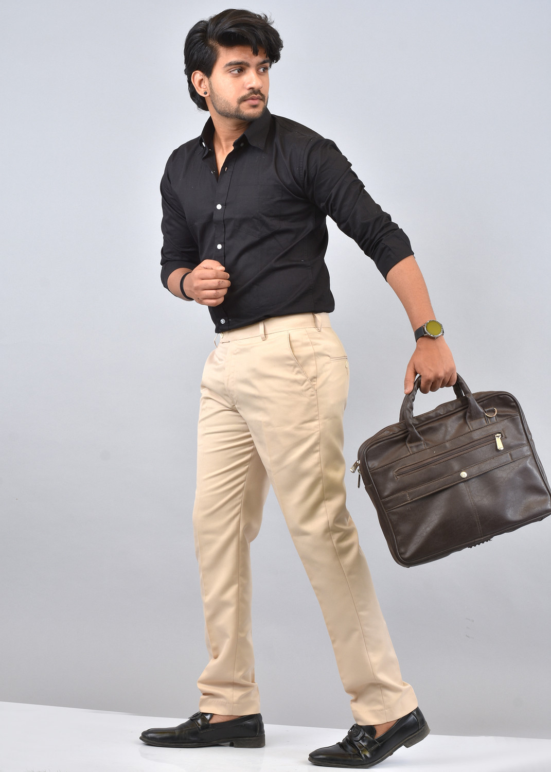 Image of Hoomu Men Regular Fit Beige Cotton Blend Trousers